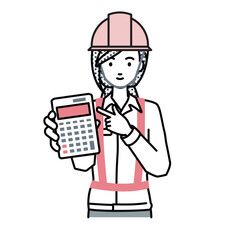 立って電卓を指差してこちらに向けて見せている工事現場の女性