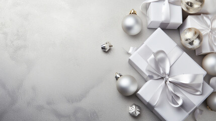 Elegant silver and white gift backgrounds. Backgrounds of beautiful Christmas gifts.
