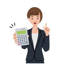 立って電卓を持ってこちらに向けて見せているスーツの女性