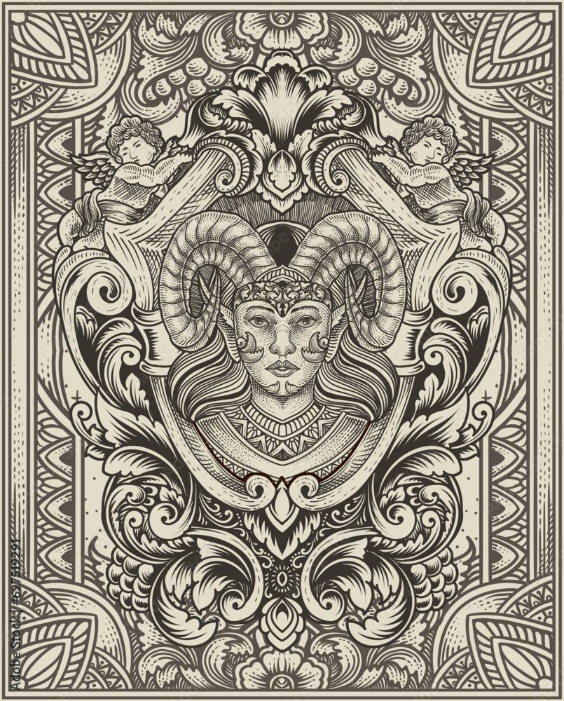 Canvas Prints Vector illustration. beautiful demon girl with vintage engraving ornament style perfect for your business and T shirt merchandise