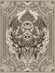 Vector illustration. wild boar head with two angel vintage engraving ornament style perfect for your business and T shirt merchandise