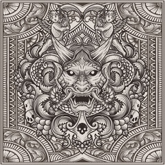 Vector illustration. scary japanese demon mask with vintage engraving ornament style perfect for your business and T shirt merchandise