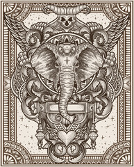 Illustration of Elephant head with vintage engraving ornament in back perfect for your business and Merchandise