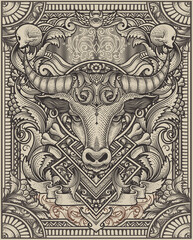 Illustration of Bull head tribal style with vintage engraving ornament in back perfect for your business and Merchandise