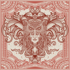 Illustration of tribal woman with owl head vintage engraving ornament in back perfect for your business and Merchandise