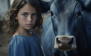 Little girl and cow in blue colors portrait.