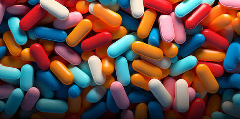 Prescription opioids, colorful pills background, different kinds and sizes of pharmaceutical pills, vitamins, colorful pills.