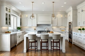 A bright, spacious and modern farmhouse style kitchen. Template.