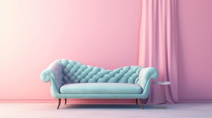 Creative, sweet and fantasy spaces. Pastel scenery with background curtains, clouds and original and dreamy sofas. Romantic spaces.

