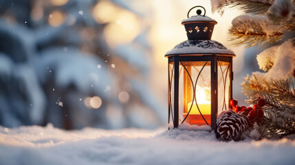 Naklejka premium Christmas Lantern On Snow With Fir Branch and ornaments in the Sunlight. Winter Decoration Background, generated ai.