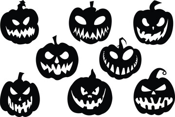 Set of scary Halloween pumpkin faces. Halloween pumpkin face silhouettes. Scary pumpkin face silhouette icons. Scary pumpkin face vector illustrations set.
