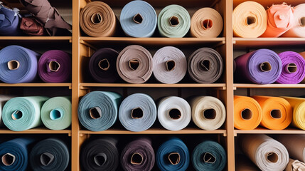 Fototapeta premium Fabrics and fabric rolls organized on shelves. Workshop and shop for fashion designers, dressmakers, pattern makers and tailors. Cloth store. Shelves and walls full of organized fabrics.