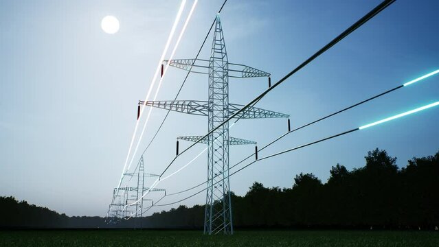 Panning shot of electrical grid delivering high voltage electricity, day-night cycle timelapse. Energy flowing through wires hanging on power tower pole, 3D render animation