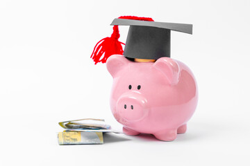 Piggy bank pink pig in academic cap, folded bundles of money, banknote. Savings for paid college, investment in knowledge, education, yourself Scholarship award for university graduation. Carier start