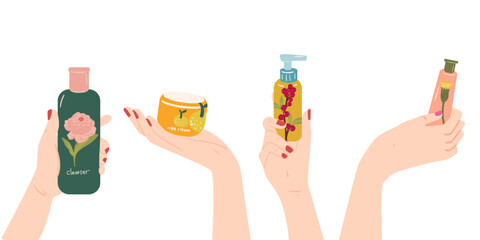 Hand holding trendy beauty product set illustration