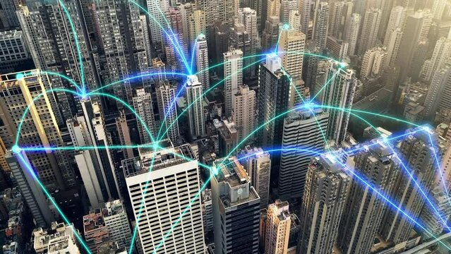 Top view, smart city and connection with network, connect or futuristic with digital software, global or code. Urban development, drone or skyscraper with database, ai or future communication or info