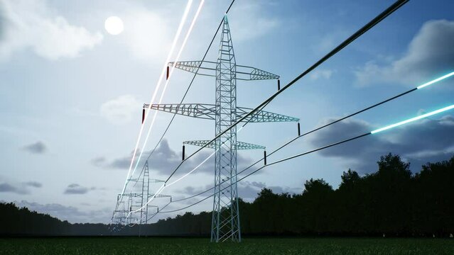 Timelapse visualization of energy travelling industrial power tower high voltage cables over cloudy sky during day-night cycle. Electricity obtained from sustainable sources, 3d render animation