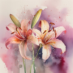 Watercolor lillies design AI generative technology  - obrazy, fototapety, plakaty