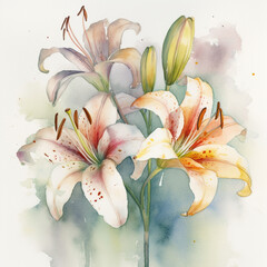 Watercolor lillies bunched together in a boquet neat painting with watercolour splashes and blending design AI generative technology  - obrazy, fototapety, plakaty