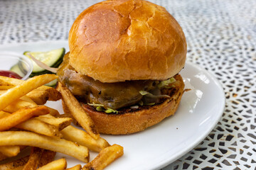 A burger and french fries on a plate 