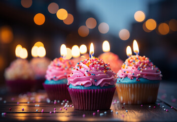 birthday cupcakes with blur background colorful balloons realistic image, ultra hd, high design very