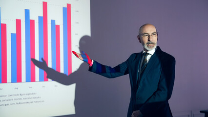 A middle-aged Caucasian business person giving a presentation using a projector screen.