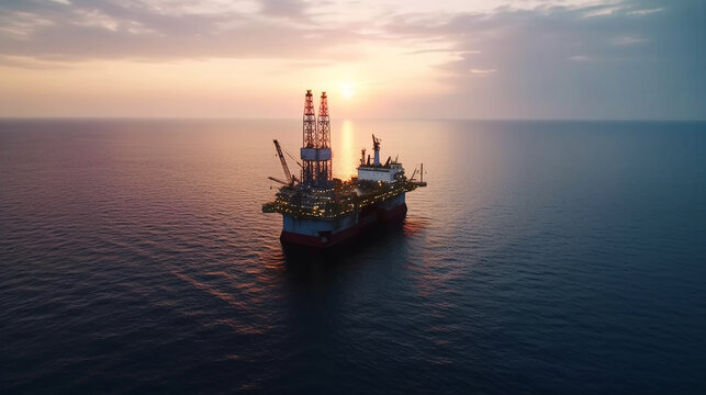 
Aerial view offshore drilling rig (jack-up rig), flatform oil and gas, Sunset view with the silhouette of  oil rig
Concept of exploration and petroleum production industry in the sea, Generative AI 