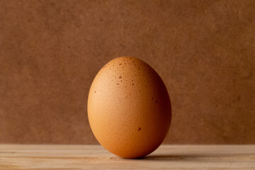 one spotted egg placed in the center from close up with a shading on it, on a wood and blur background, with simple rustic style