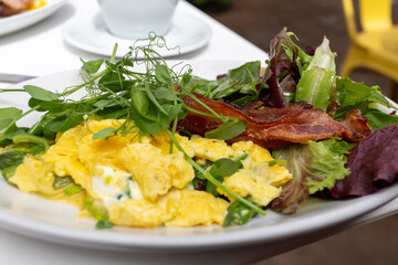 Breakfast with eggs and bacon