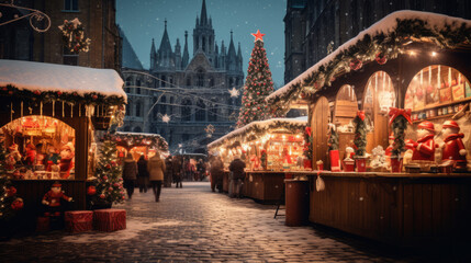 Obraz premium Traditional Christmas market. People shopping at street Christmas market. Illustration, generated ai