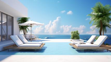 Luxury modern hotel beach and swimming pool. Created with Generative AI technology