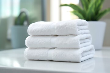 stack of clean white towels on a table with blur background, created by Generative AI