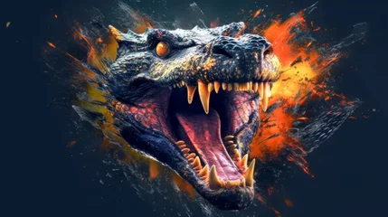 Crédence de cuisine en verre imprimé Dinosaures Crocodile on Fire with Glitch Style A Digital Art Image of a Predatory and Aggressive Animal AI Generated