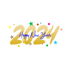 Happy New Year 2024 brush painted text effect calligraphic. Vector illustration background for new year's and happy wishes with stars and balls, eps