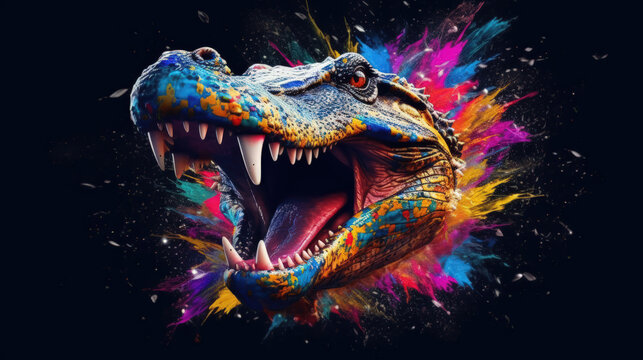 Fierce Dinosaur Art with Glitch Effect and Explosion Background TRex Head with Colorful Paint AI Generated