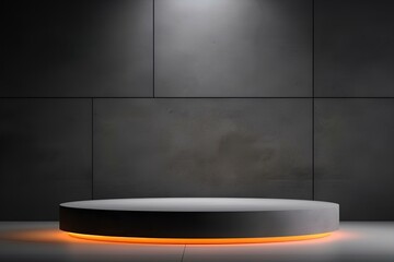 Beautiful minimalist background with gray podium mockup, textured wall and neon lights for product presentation. generative AI