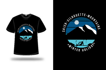 t-shirt skier silhouette mountains winter holiday color blue and black