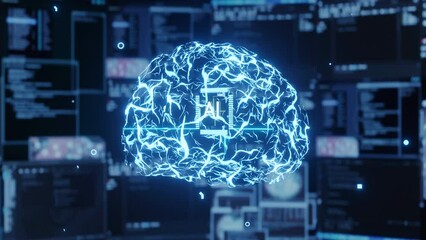 Cognitive computing simulating human brain thought processes in computerized model. AI machine visualization showing deep learning algorithms using pattern recognition, 3D render animation