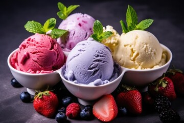 Assorted flavored ice creams with fresh blueberry, strawberry, kiwi, lemon, vanilla setup on rustic background . 