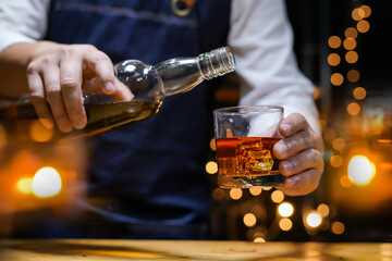 Bartender Serve Whiskey, on wood bar, 