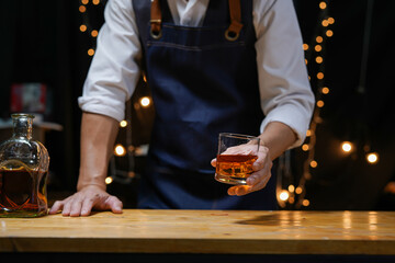 Bartender Serve Whiskey, on wood bar, 