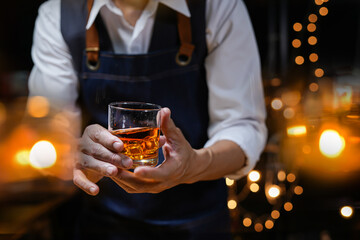 Bartender Serve Whiskey, on wood bar, 