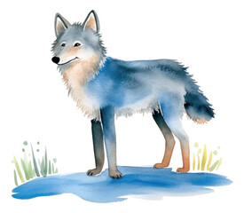 Cute watercolor cartoon wolf isolated.