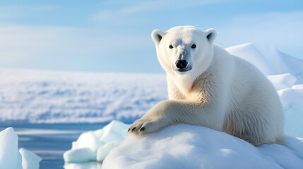 Graceful polar bear in frozen arctic landscape, surrounded by pristine white snow.