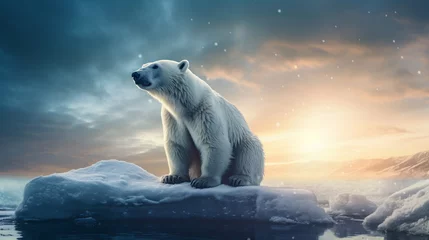 Foto op Canvas Arctic polar bear cub swimming in icy waters, surrounded by snow and sky. © Tendofyan