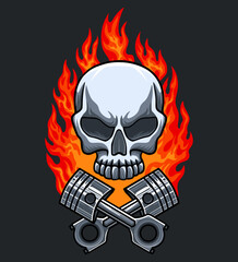 Skull with blazing fire and crossed piston. Biker skull. Motorcycle club vector illustration for t-shirt design, screen printing, sticker and poster. © Kusumaillustration