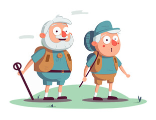 Fototapeta na wymiar Retired old man and young teenager boy hiking in the nature. Funny cartoon characters of a happy grandpa and a frustrated grandson on an outdoor adventure
