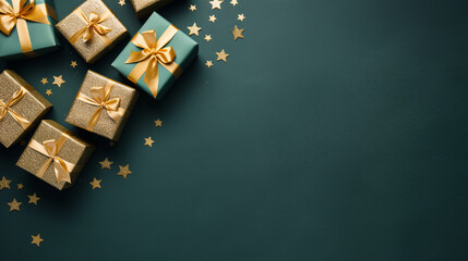 Fototapeta na wymiar Arranged Gifts boxes wrapped in god and green paper with gold ribbon on green background. Christmas concept. Generated ai