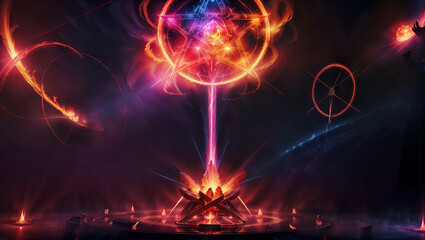 Spell  Magic Effect Circle with Pentagram Neon Glow Plasma Light Rings Platform Base - Horizontal Background Image