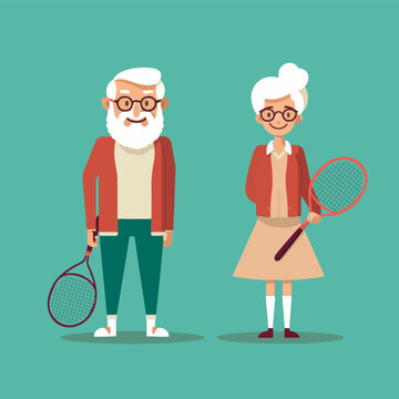 A Happy Old Retired Couple Playing Tennis. Active Lifestyle Of A Retired People Doing Sports. Vector Illustration